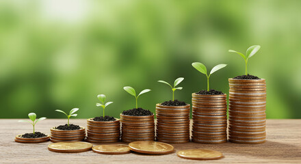 Growing Plants on Stacked Coins Representing Financial Growth Concept