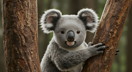 Obraz premium Cute Koala Climbing Tree in Natural Forest Environment