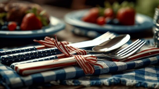 Patriotic table setting with silverware and berries