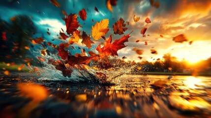 Autumn Leaves Splashing in Puddle at Sunset