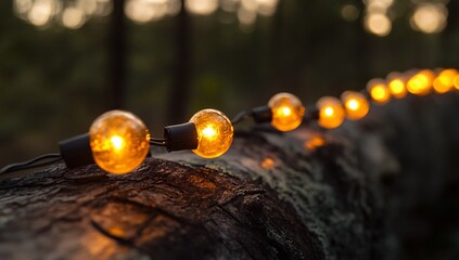Fairy lights on forest log at dusk.