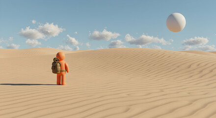 Obraz premium Adventure in Desert with Figure and Sphere Under Blue Sky