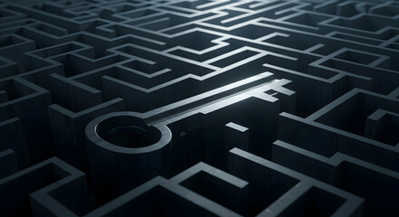 Key in a Complex Maze Symbolizing Search for Solutions and Answers