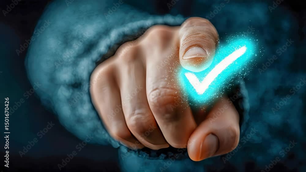 Poster close-up of a finger pressing a digital glowing checkmark button, symbolizing validation or approval