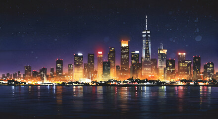 Obraz premium Vibrant City Skyline at Night Over Water with Reflections