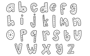 Cute set coloring hand drawn lowercase alphabet ABC letters font outline black color with striped road street tracing doodle kids illustration wall art transparent clipart poster nursery vector