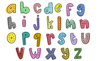 Cute set colorful hand drawn lowercase alphabet ABC letters font outline color with striped road street tracing doodle kids illustration wall art transparent clipart poster nursery vector