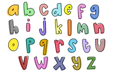 Cute set colorful hand drawn lowercase alphabet ABC letters font outline color tracing trace doodle kids illustration wall art transparent clipart poster nursery vector