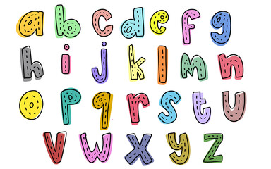 Cute set colorful hand drawn lowercase alphabet ABC letters font outline color with striped road street tracing doodle kids illustration wall art transparent clipart poster nursery png © doodlyanddeva