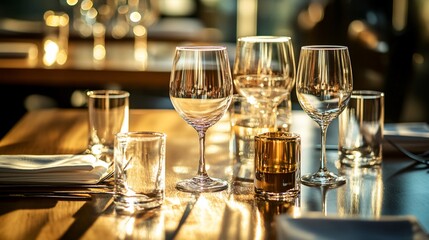 Golden Hour Gastronomy: Elegant Wine Glasses on a Sunlit Table
