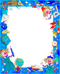 Frame with education supplies and cute clowns. Back to school. Background with place for text for book cover, children educational textbook or poster. Flat hand drawn vector illustration.