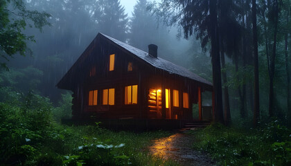 a cozy wooden cabin hidden deep in a misty forest at night, heavy thunderstorm, rain pouring from the sky, warm yellow light glowing through the windows