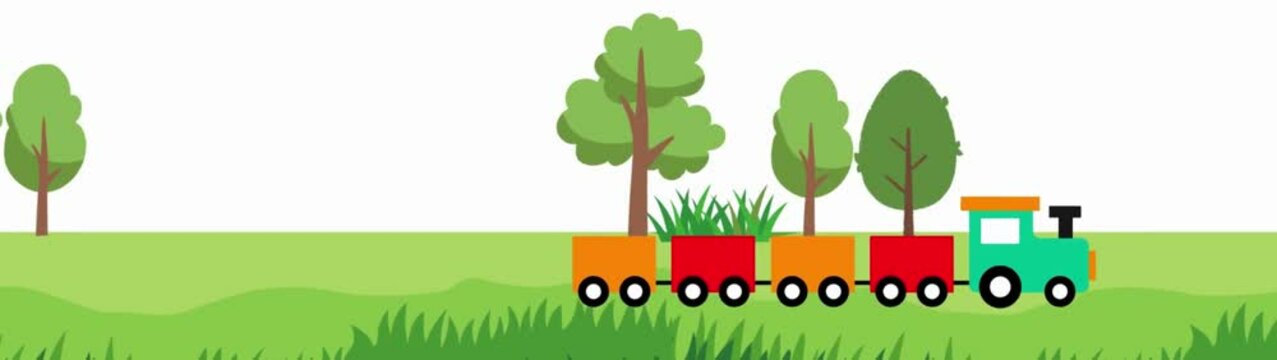A colorful animated graphic cartoon illustration of a train running through a grassy field with trees along the way.