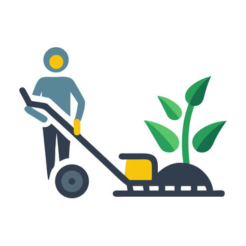 gardener pushing lawnmower near green plant clip art preview