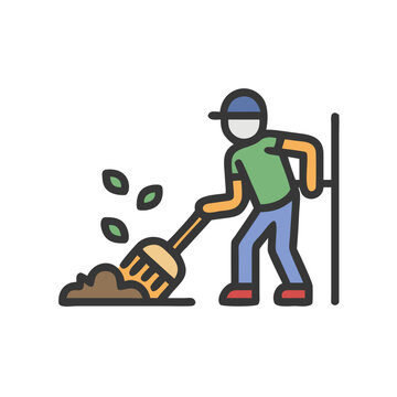 gardener raking soil, colorful flat style clip art preview
