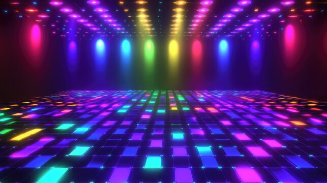 Vibrant multicolored stage with illuminated floor and spotlights