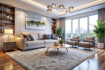 Interior of Modern Room with Soft Carpet, Contemporary Home Design and Cozy Living Concept