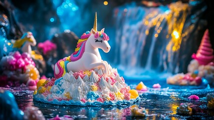Enchanted Unicorn Cake in a Mystical Waterfall Setting