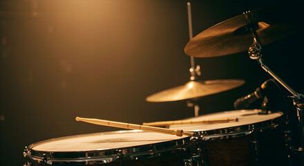Obraz premium Close-Up of a Drum Kit with Soft Lighting and Drumsticks Resting