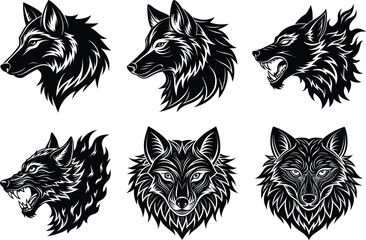 Obraz premium Six Stylized Wolf Head Illustrations Black and White Vector Art