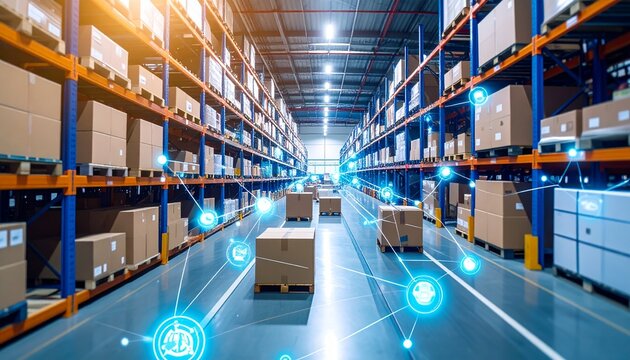 E-commerce Growth Hacks concept. Modern warehouse filled with stacked boxes and digital connectivity icons.