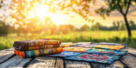 Colorful, patterned fabrics are displayed on a rustic wooden table outdoors during a vibrant sunny day.