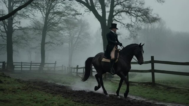 Elegant Gentleman on Horseback Riding Through Misty Landscape, Victorian Era Fashion, Dark Horse, Foggy Path