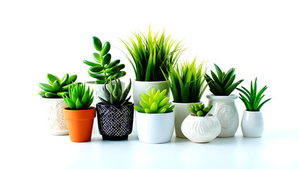 Fototapeta premium Botanical Arrangement: An array of vibrant potted plants, each flourishing in a unique ceramic pot, thrives in an organized display, adding a touch of nature's grace to interior spaces. 