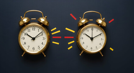 Dual Gold Alarm Clocks with Colorful Accents on Dark Background