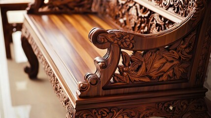 Intricate Hand-Carved Wooden Bench: Exquisite Detail and Craftsmanship