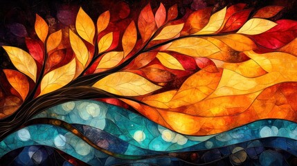 Autumnal Branch with Red and Orange Leaves over Teal Water Background