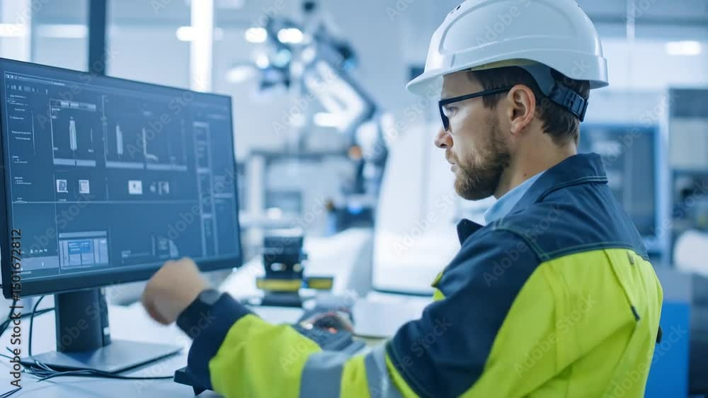 Poster engineer controls robotic arm via computer in modern factory industrial process