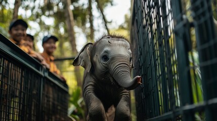 A Baby Elephant's Curious Gaze Through the Fence