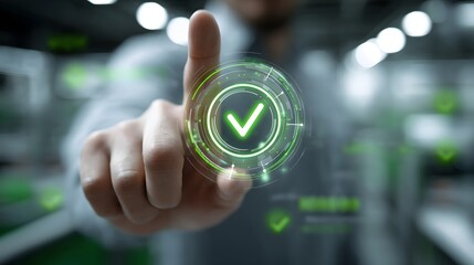 Person pressing a green check mark button on a digital screen signifying approval or positive confirmation