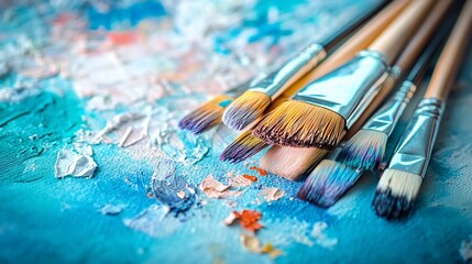 Vibrant Hues: A Close-Up of Paintbrushes on a Textured Canvas