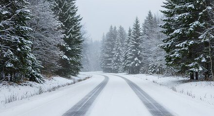 Obraz premium Snow-Covered Road Through Evergreen Trees in Winter Season