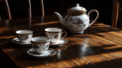 Elegant Afternoon Tea Setting: Porcelain Teacups and Teapot on Rustic Wooden Table