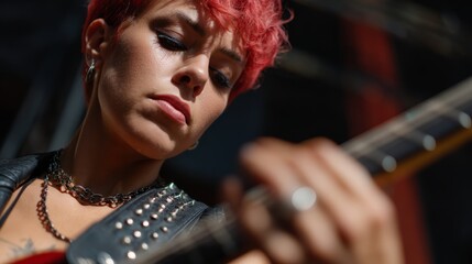 Young caucasian female guitarist with red hair playing guitar