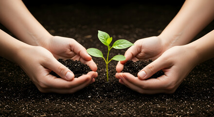 Fototapeta premium Hands Nurturing Soil and Green Plant Growth in Dark Background
