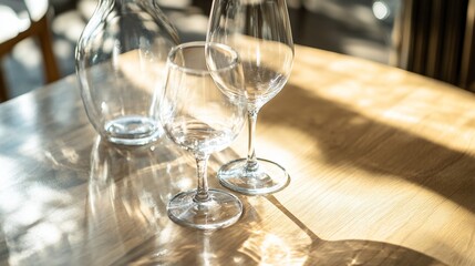 Sunlit Wine Glasses and Decanter on Wooden Table