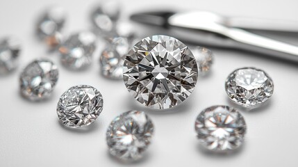 Sparkling diamonds scattered on a white surface with surgical instrument