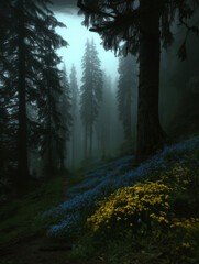 Fototapeta premium Dark misty forest floor, with wild flowers, Illustration