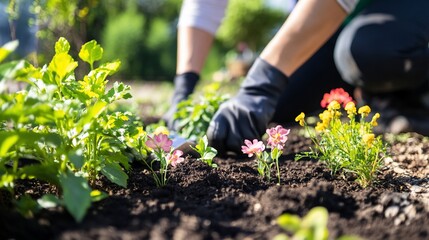 Gardening Hands Planting Flowers in Rich Soil