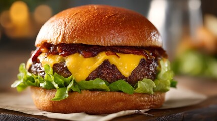 Juicy cheeseburger with bacon and lettuce on a bun