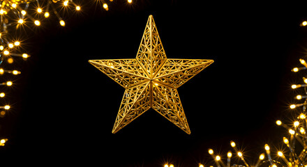 Obraz premium Golden Star Decoration with Bokeh Lights on a Black Background