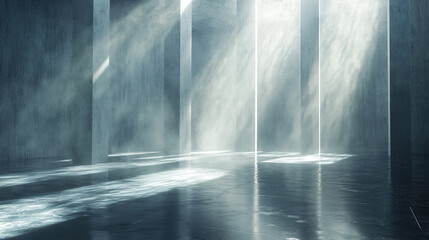 Ethereal Light Emitting Through Concrete Pillars in Modern Space