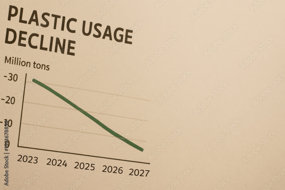Aufkleber declining plastic usage trend graph from 2023 to 2027 showing significant reduction over time
