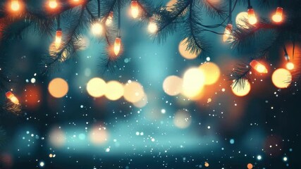 Christmas lights and snow falling on a dark teal background with bokeh. Winter holiday themed video with twinkling lights and snowfall for festive occasions. - Powered by Adobe