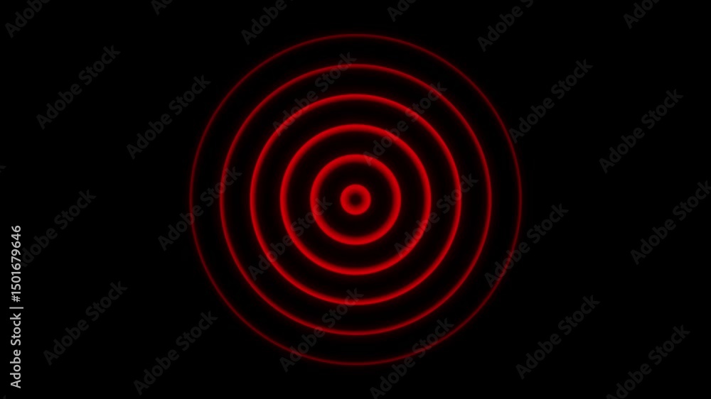 Poster red circular radio wave animation: pulsing electromagnetic signal rings radiating from center in sea
