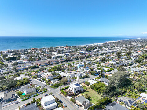 Aerial view of wealthy Encinitas town with blue ocean in San Diego, South California, USA. 